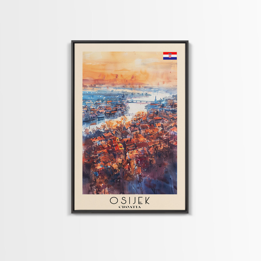 Osijek Croatia Travel Poster Framed Canvas Print, Watercolor Painting, Scenic Wall Art, Home Decor, Croatian Landscape, Rustic Art