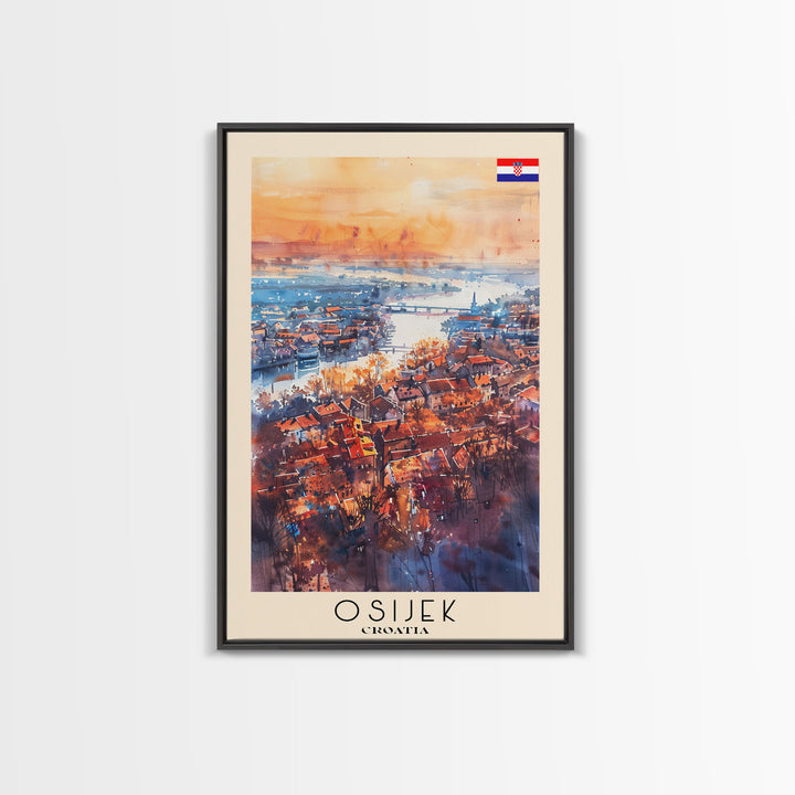 Osijek Croatia Travel Poster Framed Canvas Print, Watercolor Painting, Scenic Wall Art, Home Decor, Croatian Landscape, Rustic Art