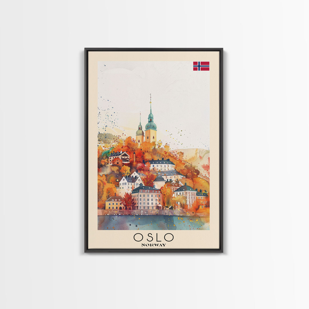 Oslo Norway Travel Poster Framed Canvas Print, Watercolor Painting, Scenic Wall Art, Home Decor, Norwegian Cityscape, Modern Decor