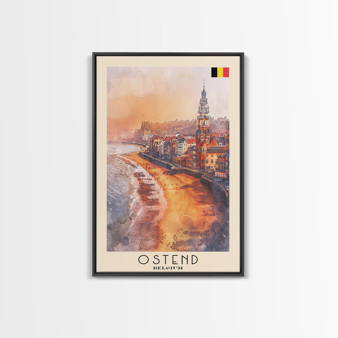 Ostend Belgium Travel Poster Framed Canvas Print, Watercolor Painting, Coastal Wall Art, Home Decor, Belgian Seaside, Vibrant Art