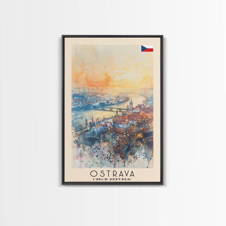 Ostrava Czech Travel Poster Framed Canvas Print, Watercolor Painting, Urban Wall Art, Home Decor, Czech Cityscape, Vintage Style