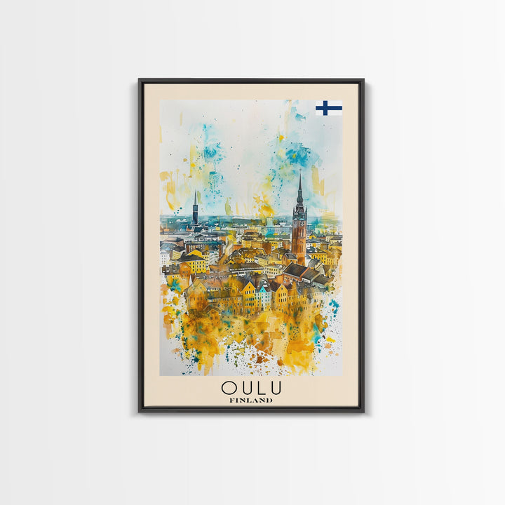 Oulu Finland Travel Poster Framed Canvas Print, Watercolor Painting, Scenic Wall Art, Home Decor, Finnish Landscape, Artistic Decor