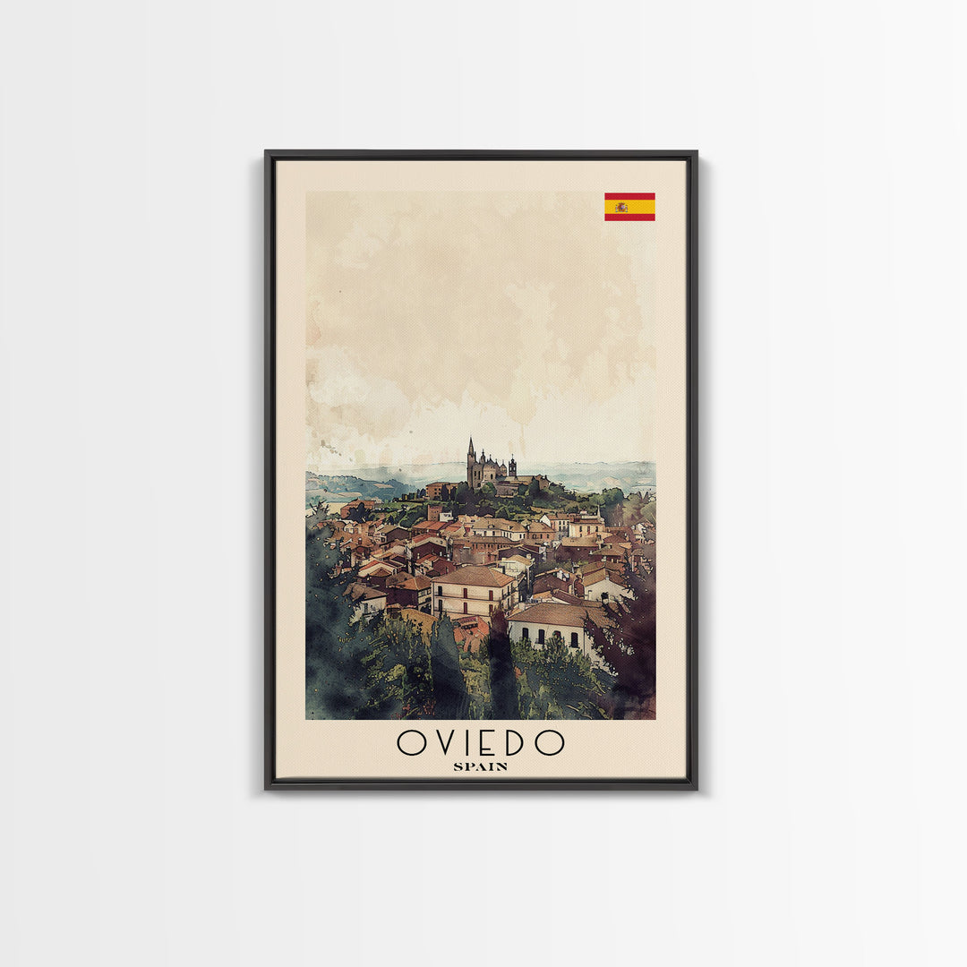 Oviedo Spain Travel Poster Framed Canvas Print, Watercolor Painting, Scenic Wall Art, Home Decor, Spanish Cityscape, Classic Art