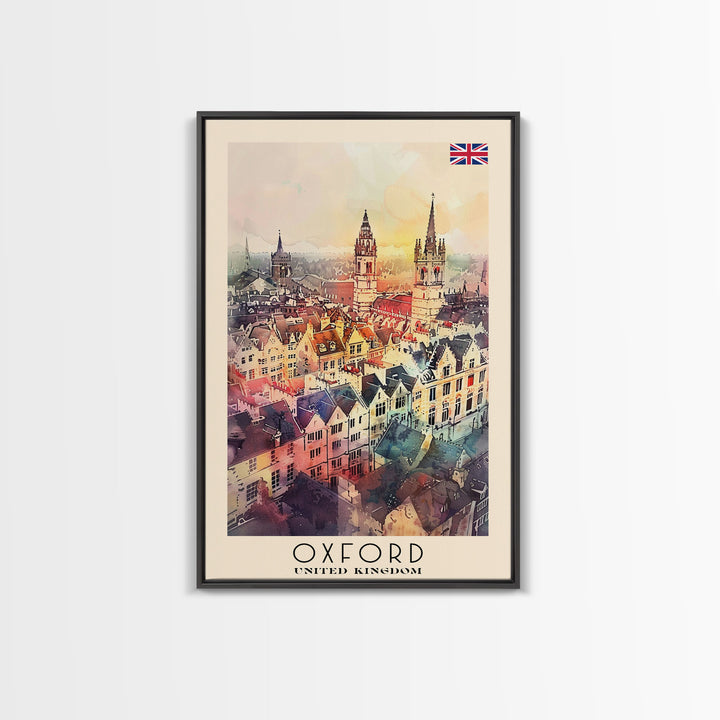 Oxford United Kingdom Travel Poster Framed Canvas Print, Watercolor Painting, Historic Wall Art, Home Decor, British Architecture, Artistic Decor