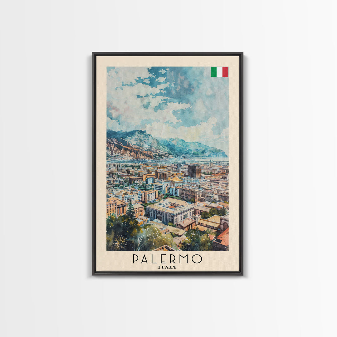Palermo Italy Travel Poster Framed Canvas Print, Watercolor Painting, Coastal Wall Art, Home Decor, Italian Seaside, Vibrant Art