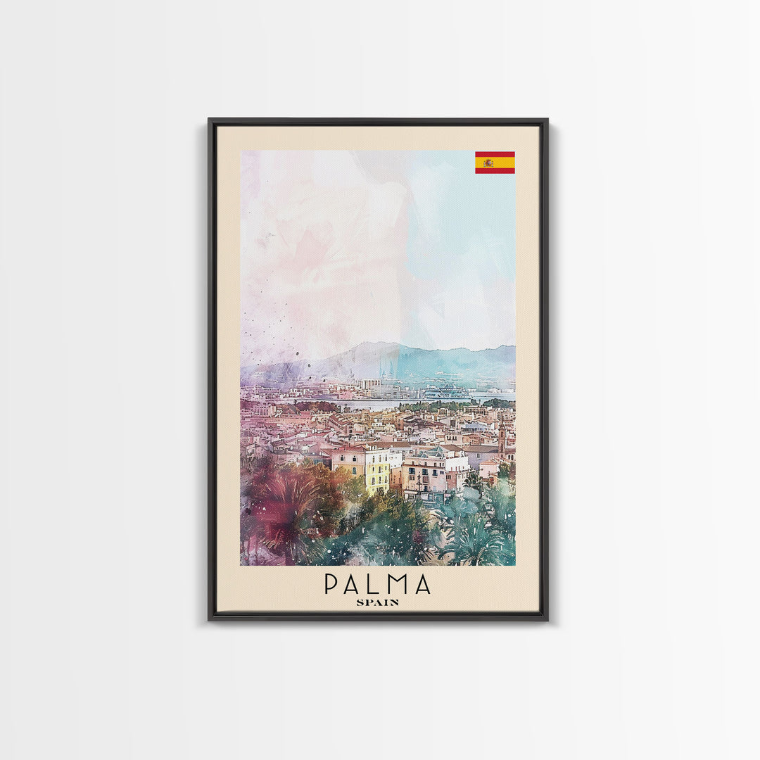 Palma Spain Travel Poster Framed Canvas Print, Watercolor Painting, Scenic Wall Art, Home Decor, Spanish Landscape, Minimalist Art