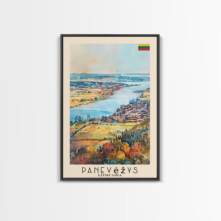 Panevys Lithuania Travel Poster Framed Canvas Print, Watercolor Painting, Scenic Wall Art, Home Decor, Lithuanian Cityscape, Artistic Decor