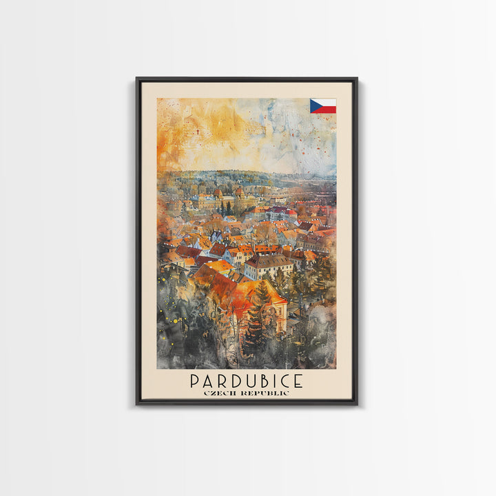 Pardubice Czech Travel Poster Framed Canvas Print, Watercolor Painting, Urban Wall Art, Home Decor, Czech Architecture, Vintage Style