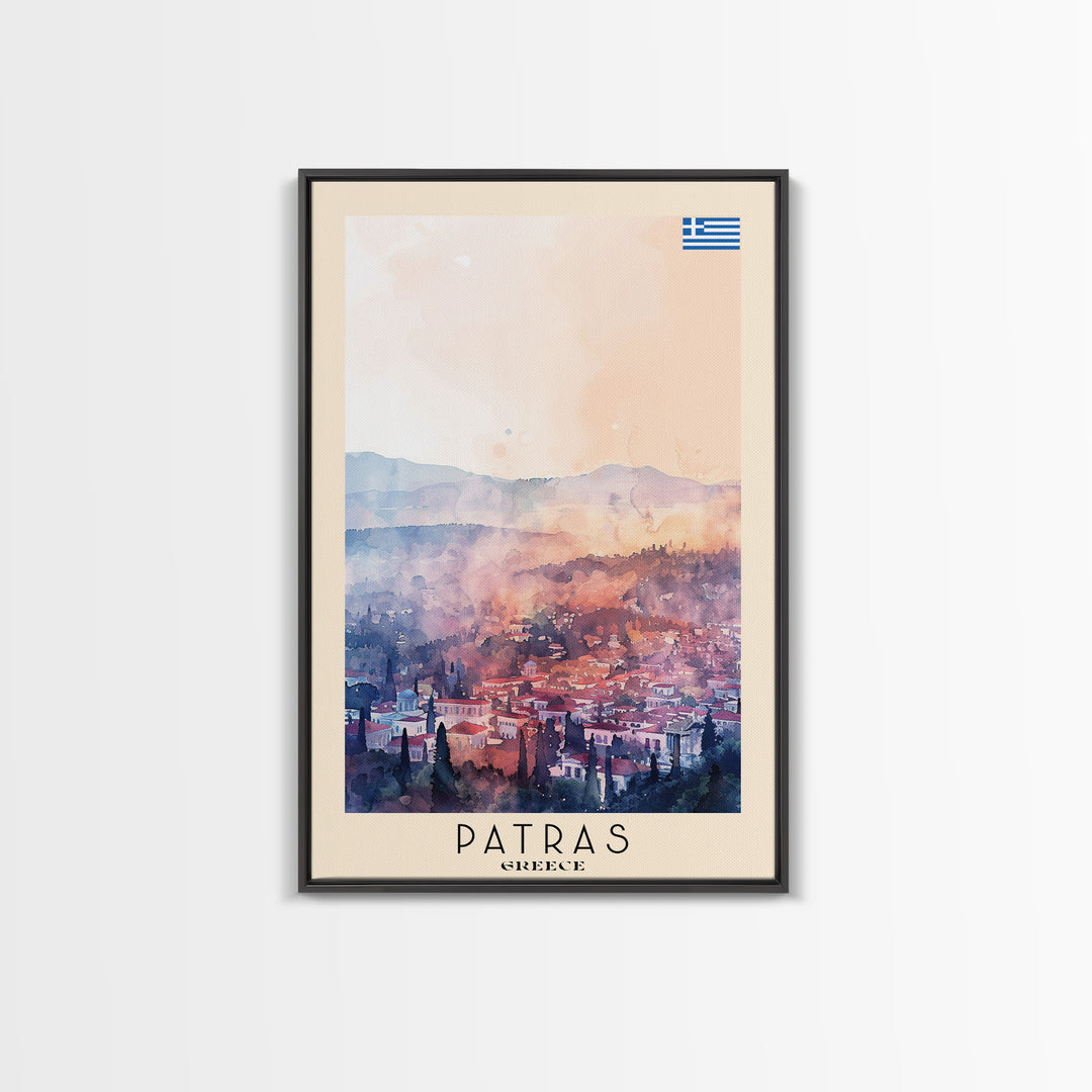 Patras Greece Travel Poster Framed Canvas Print, Watercolor Painting, Scenic Wall Art, Home Decor, Greek Seaside, Vibrant Art