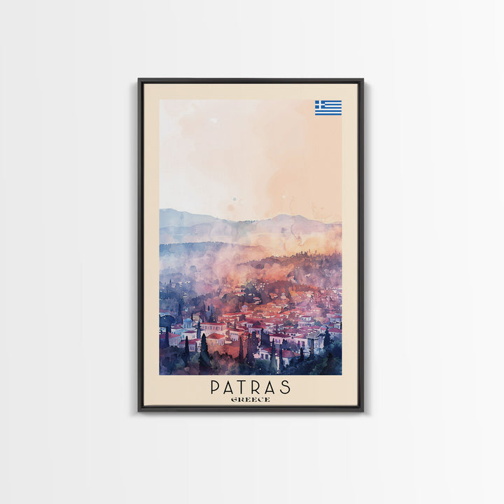Patras Greece Travel Poster Framed Canvas Print, Watercolor Painting, Scenic Wall Art, Home Decor, Greek Seaside, Vibrant Art