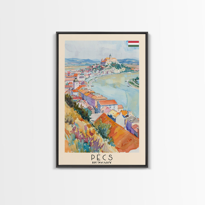 Pecs Hungary Travel Poster Framed Canvas Print, Watercolor Painting, Scenic Wall Art, Home Decor, Hungarian Cityscape, Minimalist Art