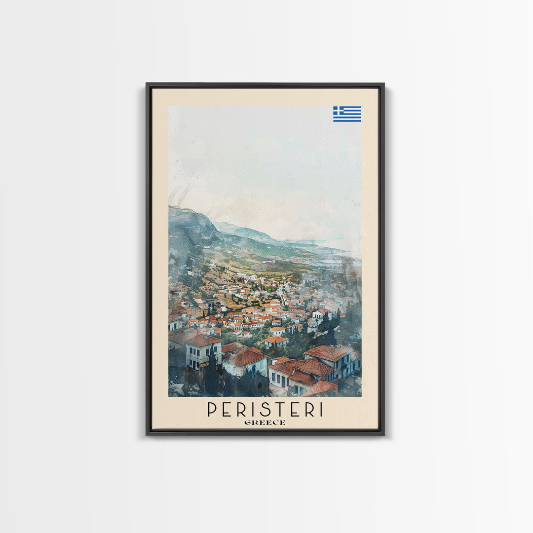 Peristeri Greece Travel Poster Framed Canvas Print, Watercolor Painting, Scenic Wall Art, Home Decor, Greek Landscape, Classic Art