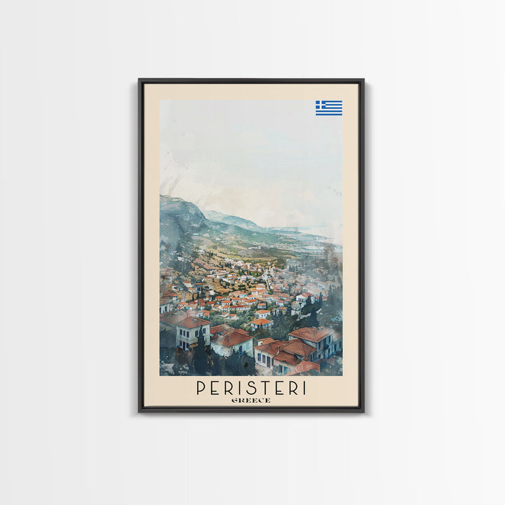 Peristeri Greece Travel Poster Framed Canvas Print, Watercolor Painting, Scenic Wall Art, Home Decor, Greek Landscape, Classic Art