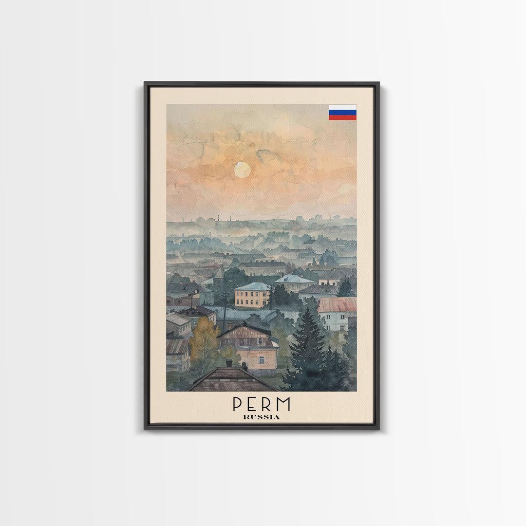 Perm Russia Travel Poster Framed Canvas Print, Watercolor Painting, Scenic Wall Art, Home Decor, Russian Landscape, Urban Art