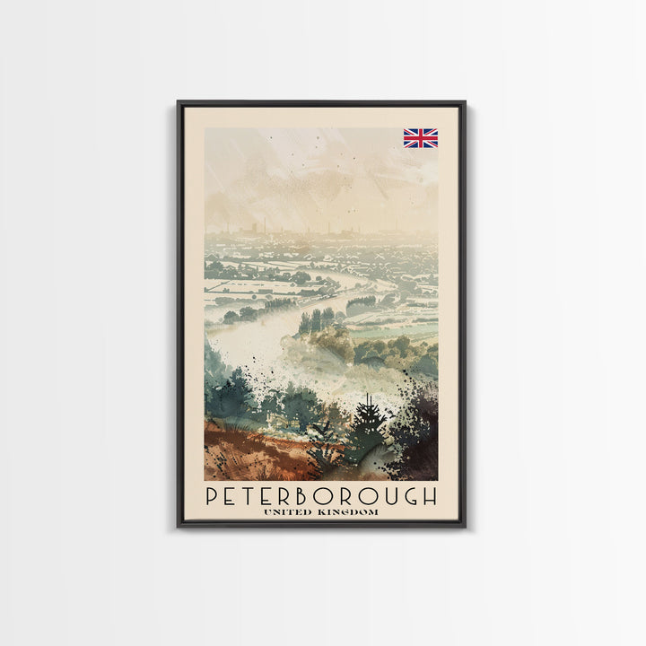 Peterborough United Kingdom Travel Poster Framed Canvas Print, Watercolor Painting, Historic Wall Art, Home Decor, British Architecture, Artistic Decor