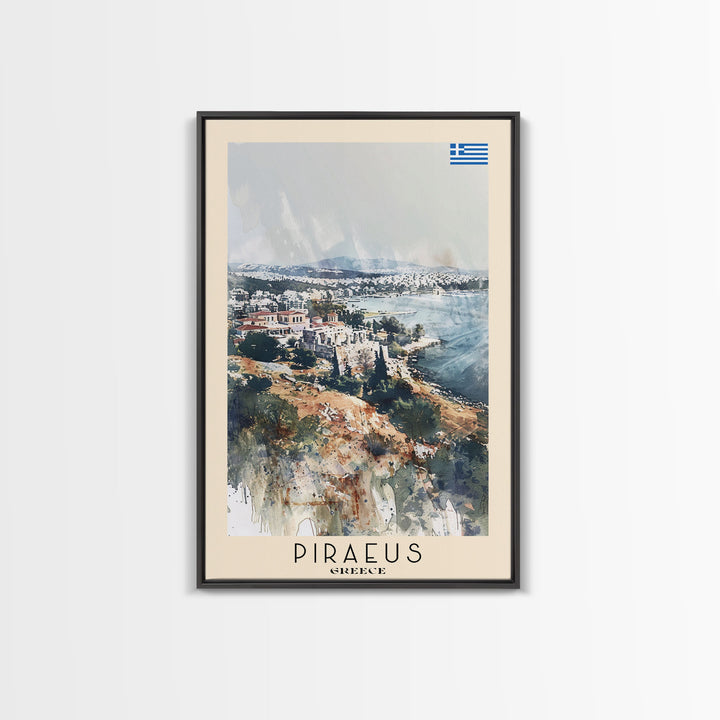 Piraeus Greece Travel Poster Framed Canvas Print, Watercolor Painting, Coastal Wall Art, Home Decor, Greek Seaside, Vibrant Art