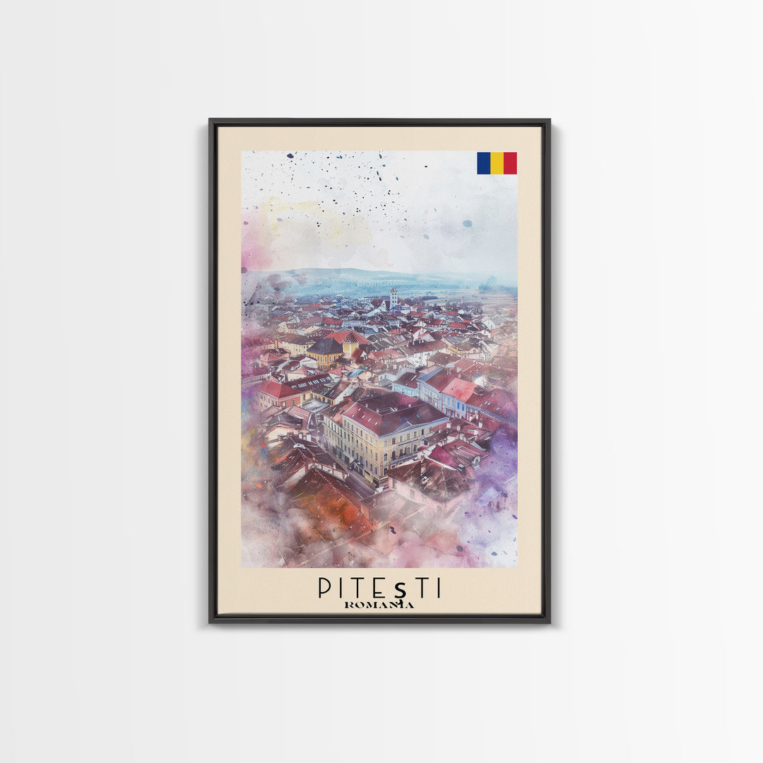 Piteti Romania Travel Poster Framed Canvas Print, Watercolor Painting, Scenic Wall Art, Home Decor, Romanian Cityscape, Classic Art