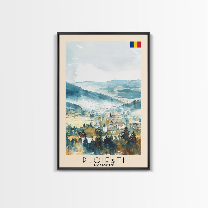 Ploiesti Romania Travel Poster Framed Canvas Print, Watercolor Painting, Scenic Wall Art, Home Decor, Romanian Landscape, Artistic Decor