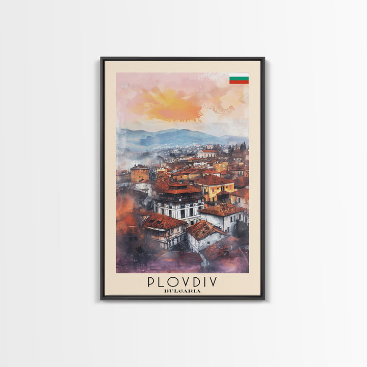 Plovdiv Bulgaria Travel Poster Framed Canvas Print, Watercolor Painting, Historic Wall Art, Home Decor, Bulgarian Cityscape, Classic Art