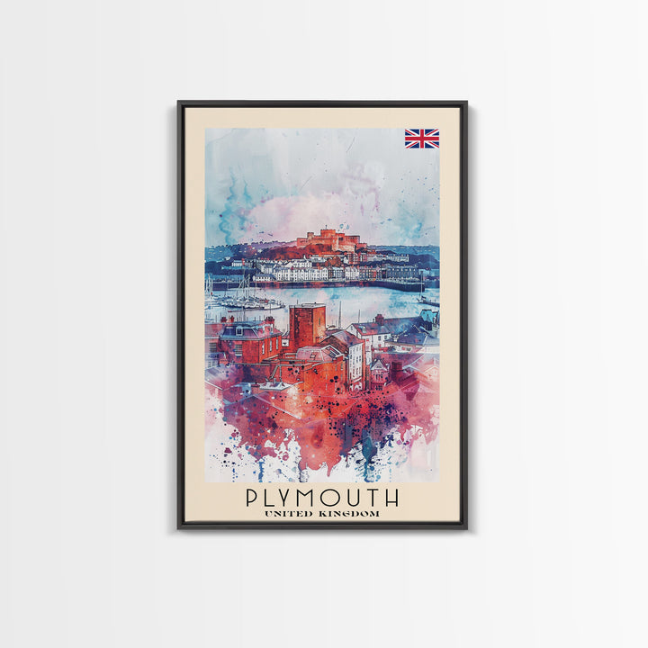Plymouth United Kingdom Travel Poster Framed Canvas Print, Watercolor Painting, Coastal Wall Art, Home Decor, British Seaside, Modern Decor