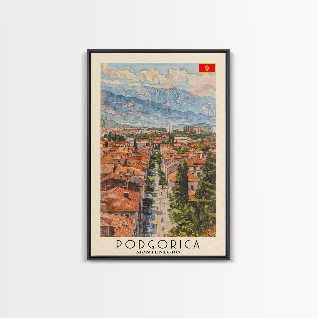 Podgorica Montenegro Travel Poster Framed Canvas Print, Watercolor Painting, Scenic Wall Art, Home Decor, Montenegrin Landscape, Artistic Decor