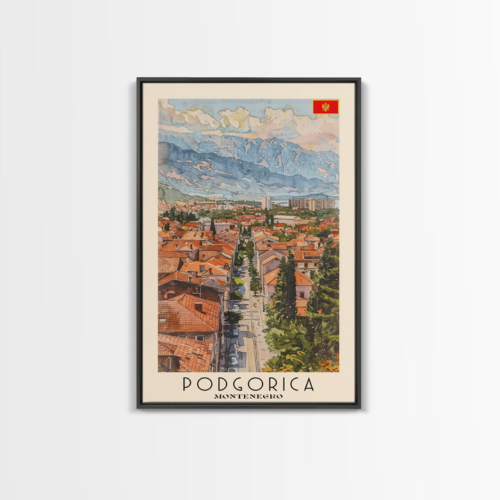 Podgorica Montenegro Travel Poster Framed Canvas Print, Watercolor Painting, Scenic Wall Art, Home Decor, Montenegrin Landscape, Artistic Decor