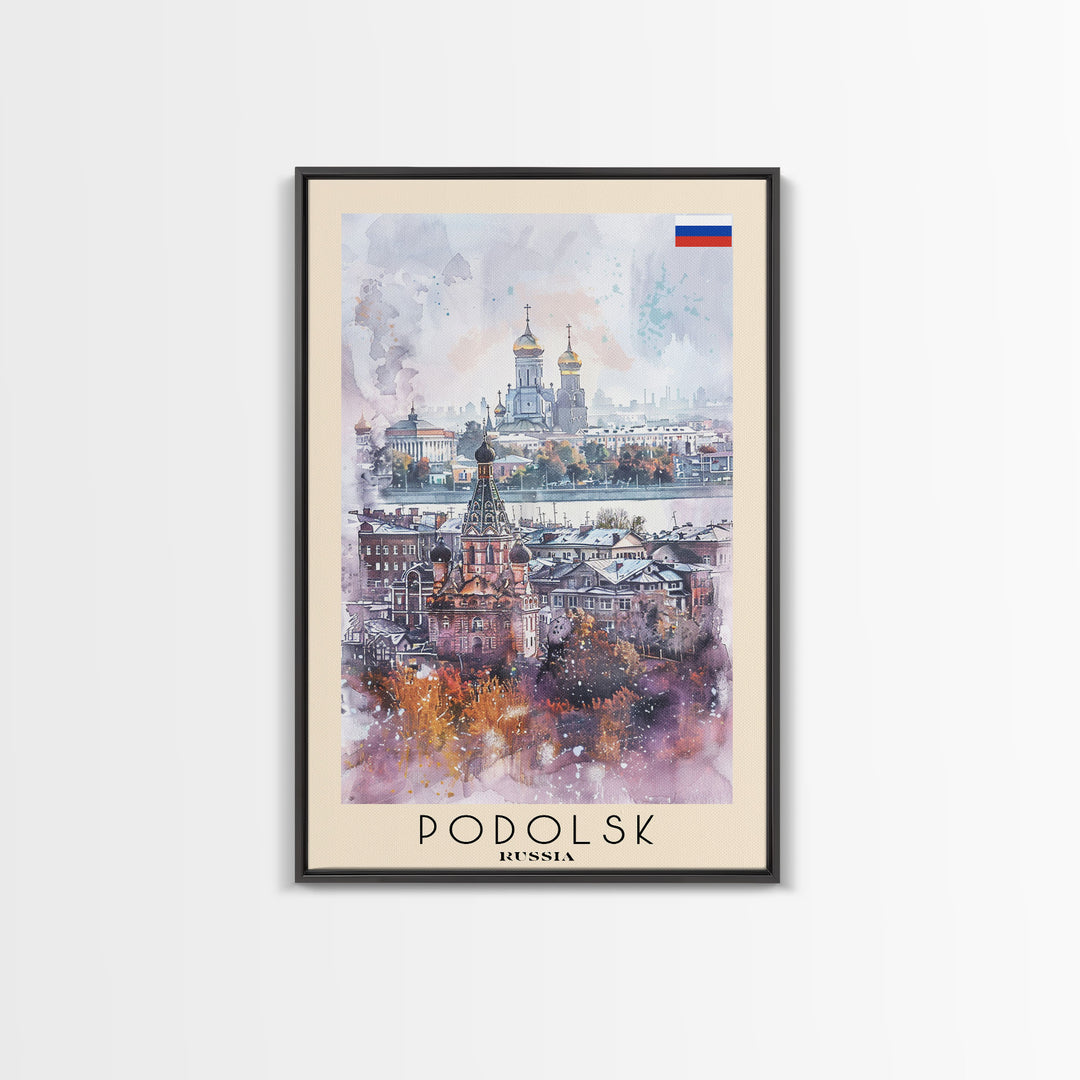Podolsk Russia Travel Poster Framed Canvas Print, Watercolor Painting, Urban Wall Art, Home Decor, Russian Cityscape, Contemporary Art