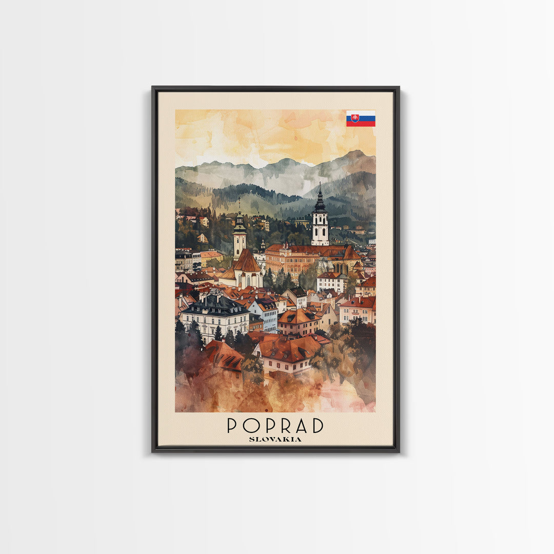 Poprad Slovakia Travel Poster Framed Canvas Print, Watercolor Painting, Scenic Wall Art, Home Decor, Slovakian Landscape, Classic Art