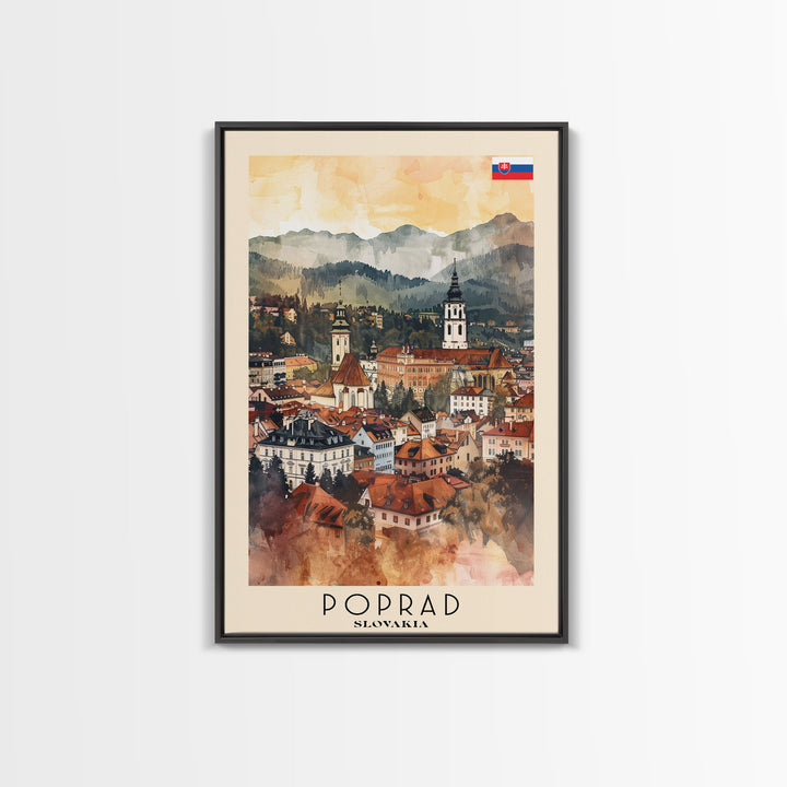 Poprad Slovakia Travel Poster Framed Canvas Print, Watercolor Painting, Scenic Wall Art, Home Decor, Slovakian Landscape, Classic Art