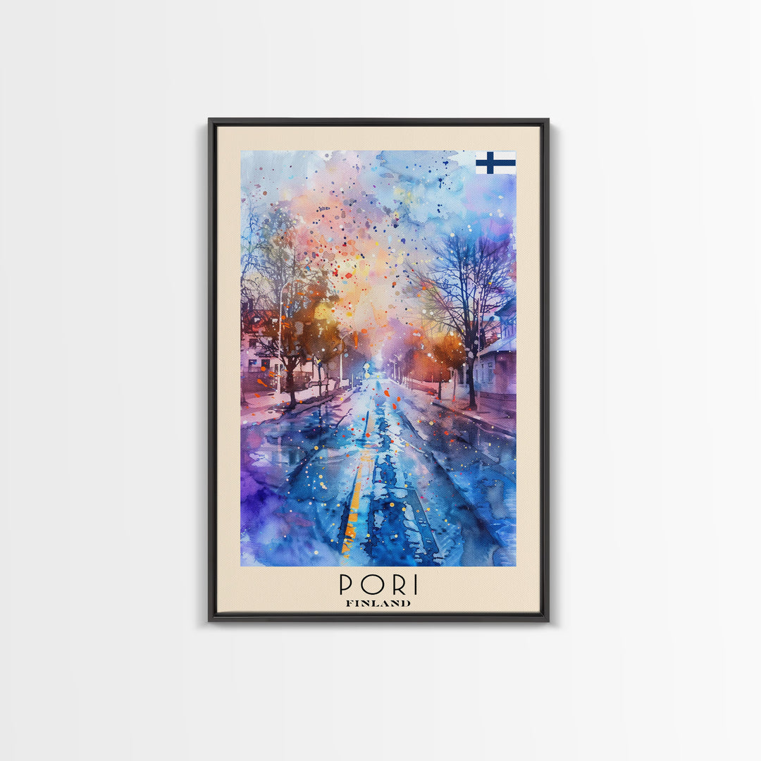 Pori Finland Travel Poster Framed Canvas Print, Watercolor Painting, Scenic Wall Art, Home Decor, Finnish Seaside, Minimalist Art