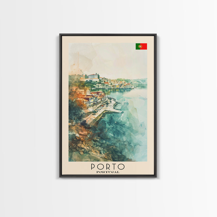 Porto Portugal Travel Poster Framed Canvas Print, Watercolor Painting, Coastal Wall Art, Home Decor, Portuguese Seaside, Vibrant Art