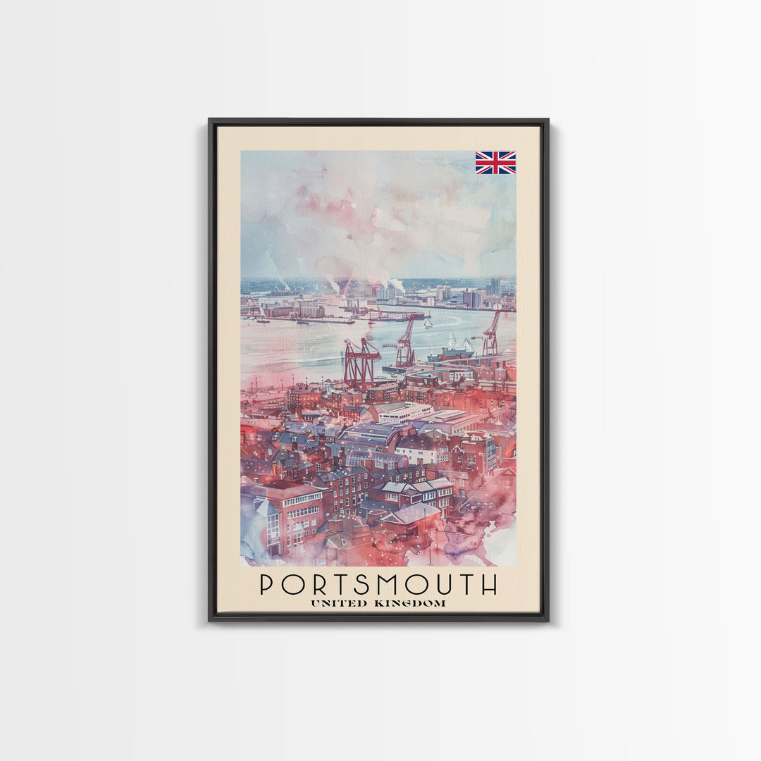 Portsmouth United Kingdom Travel Poster Framed Canvas Print, Watercolor Painting, Coastal Wall Art, Home Decor, British Seaside, Modern Art