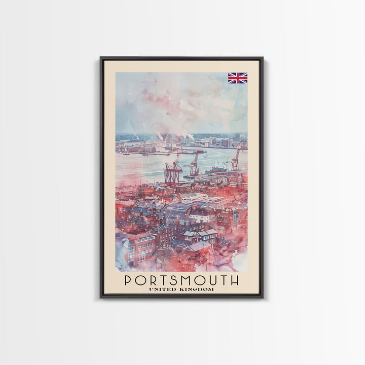 Portsmouth United Kingdom Travel Poster Framed Canvas Print, Watercolor Painting, Coastal Wall Art, Home Decor, British Seaside, Modern Art