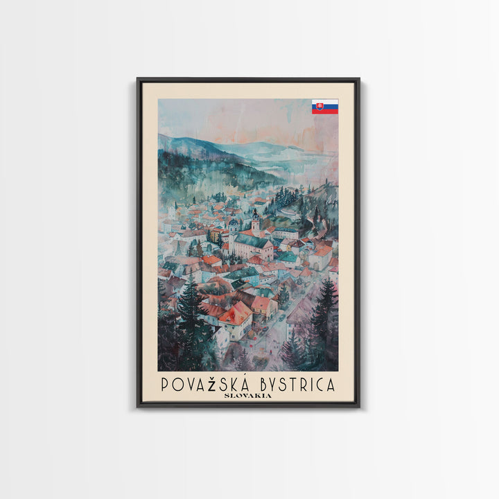 Povazska Bystrica Slovakia Travel Poster Framed Canvas Print, Watercolor Painting, Scenic Wall Art, Home Decor, Slovakian Landscape, Modern Decor