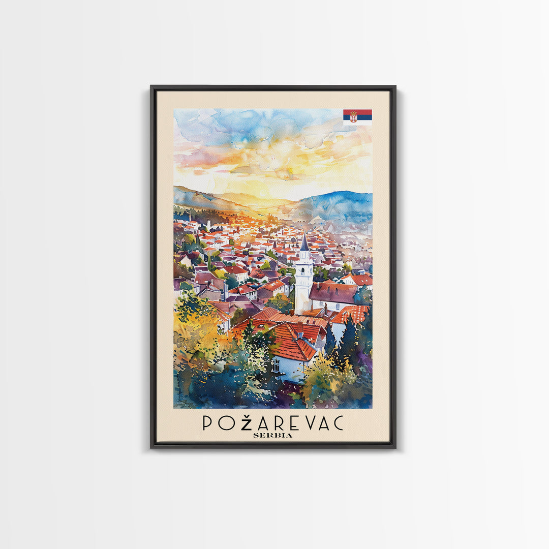Pozega Serbia Travel Poster Framed Canvas Print, Watercolor Painting, Scenic Wall Art, Home Decor, Serbian Landscape, Classic Art