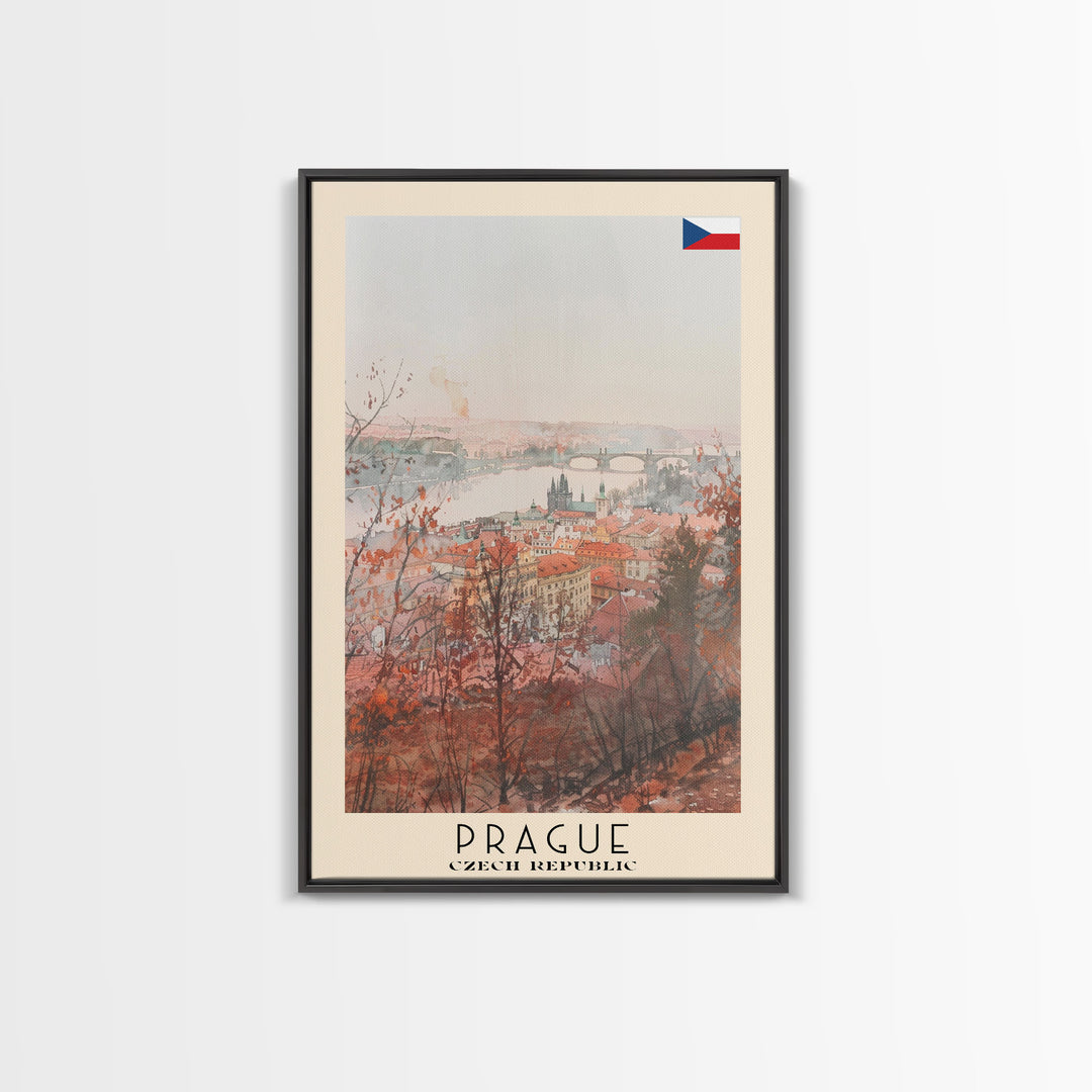 Prague Czech Republic Travel Poster Framed Canvas Print, Watercolor Painting, Historic Wall Art, Home Decor, Czech Architecture, Classic Decor