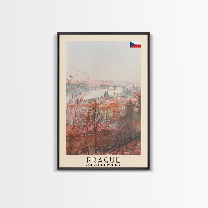 Prague Czech Republic Travel Poster Framed Canvas Print, Watercolor Painting, Historic Wall Art, Home Decor, Czech Architecture, Classic Decor