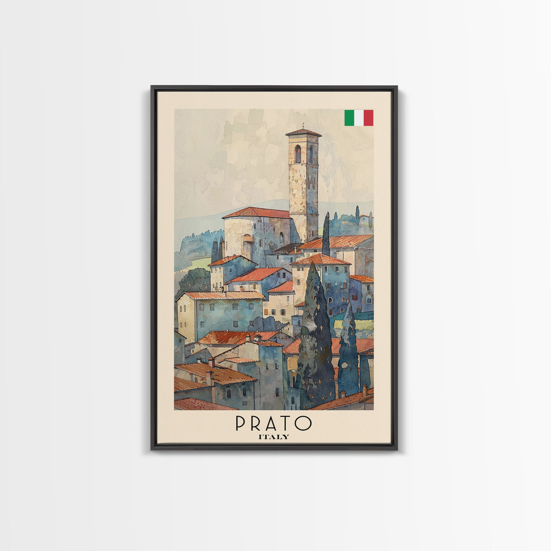 Prato Italy Travel Poster Framed Canvas Print, Watercolor Painting, Scenic Wall Art, Home Decor, Italian Landscape, Vibrant Art