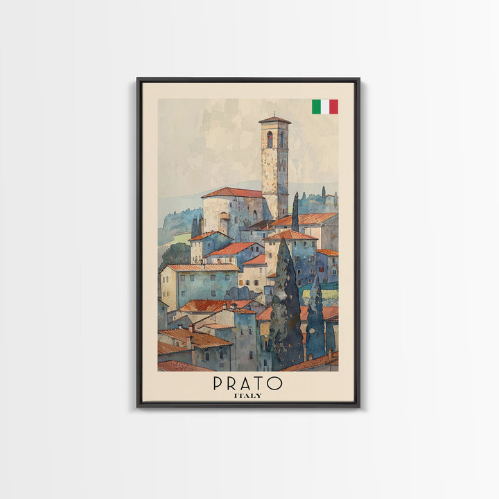 Prato Italy Travel Poster Framed Canvas Print, Watercolor Painting, Scenic Wall Art, Home Decor, Italian Landscape, Vibrant Art