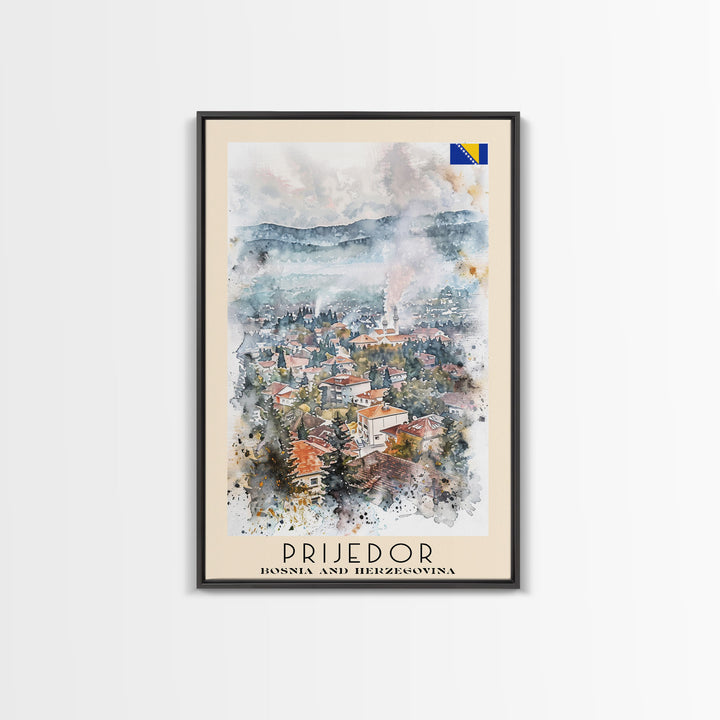 Prijedor Bosnia and Herzegovina Travel Poster Framed Canvas Print, Watercolor Painting, Scenic Wall Art, Home Decor, Bosnian Cityscape, Classic Art
