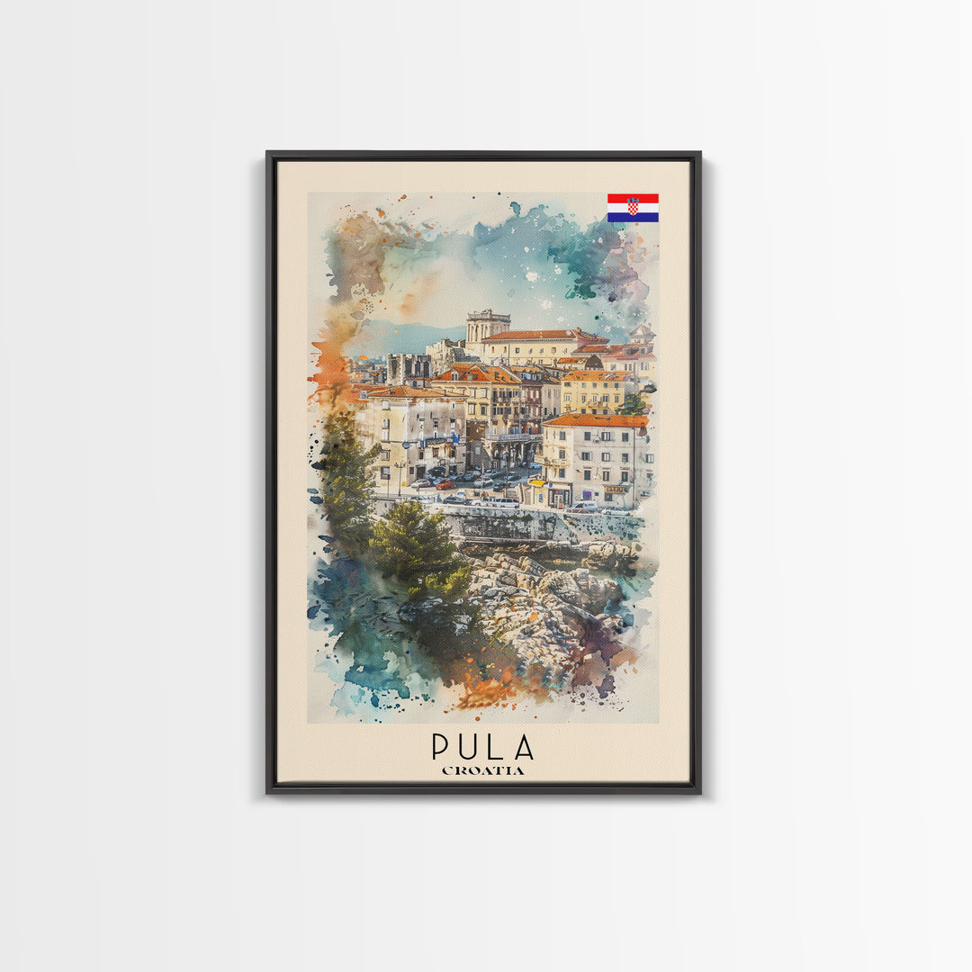 Pula Croatia Travel Poster Framed Canvas Print, Watercolor Painting, Coastal Wall Art, Home Decor, Croatian Seaside, Vibrant Decor