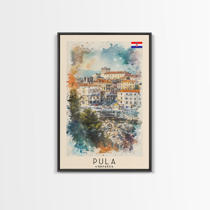 Pula Croatia Travel Poster Framed Canvas Print, Watercolor Painting, Coastal Wall Art, Home Decor, Croatian Seaside, Vibrant Decor