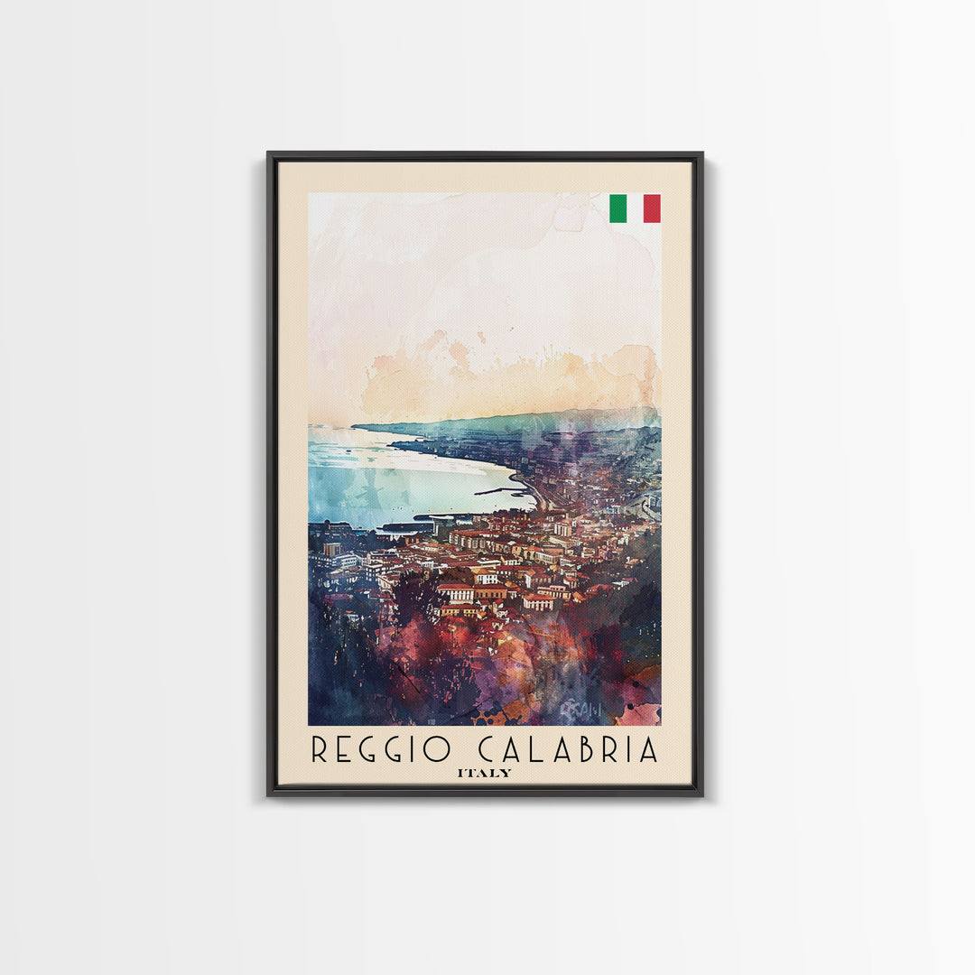Reggio Calabria Italy Travel Poster Framed Canvas Print, Watercolor Painting, Coastal Wall Art, Home Decor, Italian Seaside, Vibrant Decor