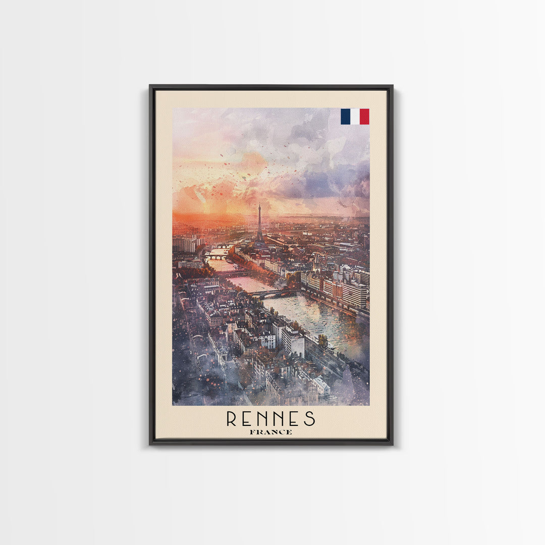Rennes France Travel Poster Framed Canvas Print, Watercolor Painting, Scenic Wall Art, Home Decor, French Cityscape, Modern Decor