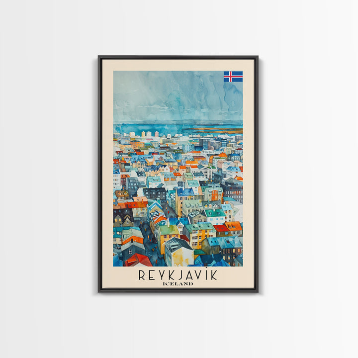 Reykjavik Iceland Travel Poster Framed Canvas Print, Watercolor Painting, Scenic Wall Art, Home Decor, Icelandic Landscape, Artistic Decor