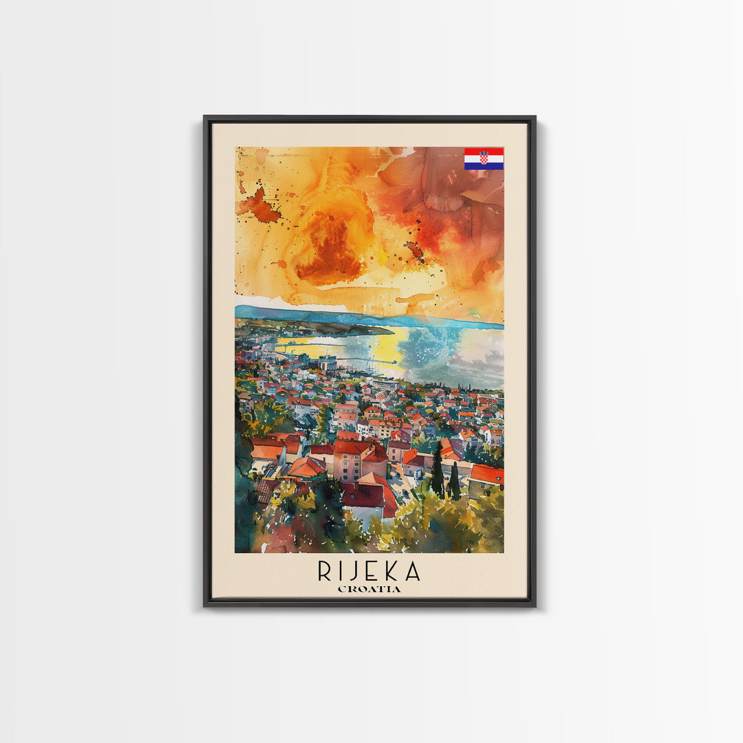 Rijeka Croatia Travel Poster Framed Canvas Print, Watercolor Painting, Coastal Wall Art, Home Decor, Croatian Seaside, Modern Art