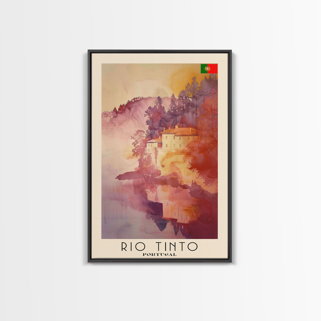 Rio Tinto Portugal Travel Poster Framed Canvas Print, Watercolor Painting, Scenic Wall Art, Home Decor, Portuguese Landscape, Artistic Decor