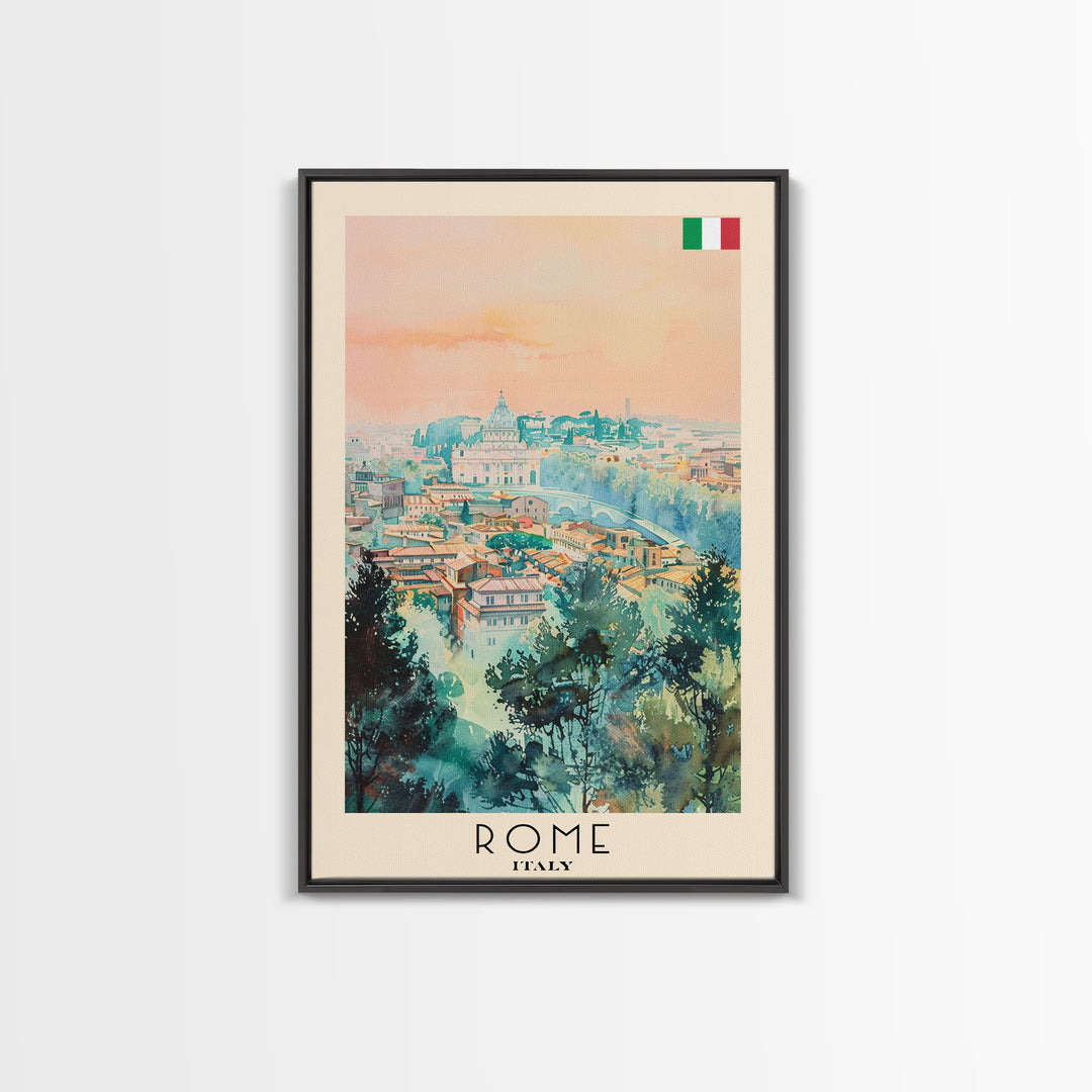 Rome Italy Travel Poster Framed Canvas Print, Watercolor Painting, Historic Wall Art, Home Decor, Italian Cityscape, Classic Art
