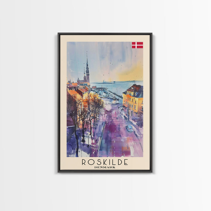 Roskilde Denmark Travel Poster Framed Canvas Print, Watercolor Painting, Scenic Wall Art, Home Decor, Danish Landscape, Modern Decor