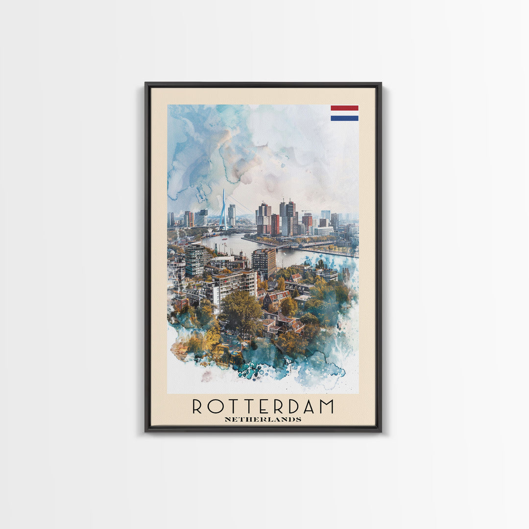 Rotterdam Netherlands Travel Poster Framed Canvas Print, Watercolor Painting, Urban Wall Art, Home Decor, Dutch Cityscape, Artistic Decor